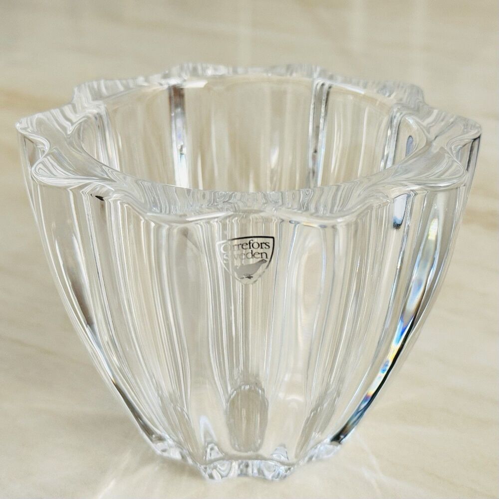 Vintage Orrefors Northern Lights Crystal Bowl Clear 4 5/8” Fluted Scalloped Edge